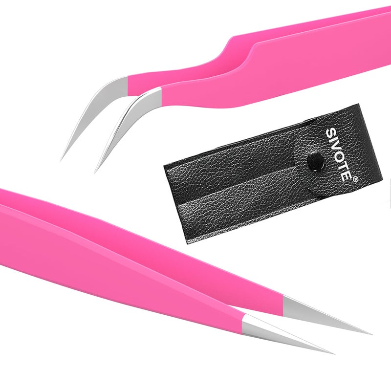 SIVOTE Lash Tweezers for Eyelash Extensions â€“ Professional Stainless Steel Straight & Curved Tips â€“ Precision Lash Extension Tweezers Set for Volume & Classic Lashes (c, Pink) - Image 1